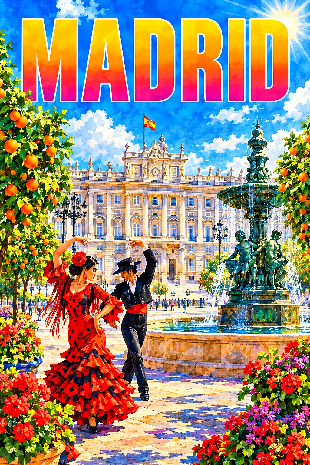 Portrait diamond painting of a grand Spanish plaza with a royal palace, flamenco dancers, orange trees, a bronze fountain, under a bright blue sky wit