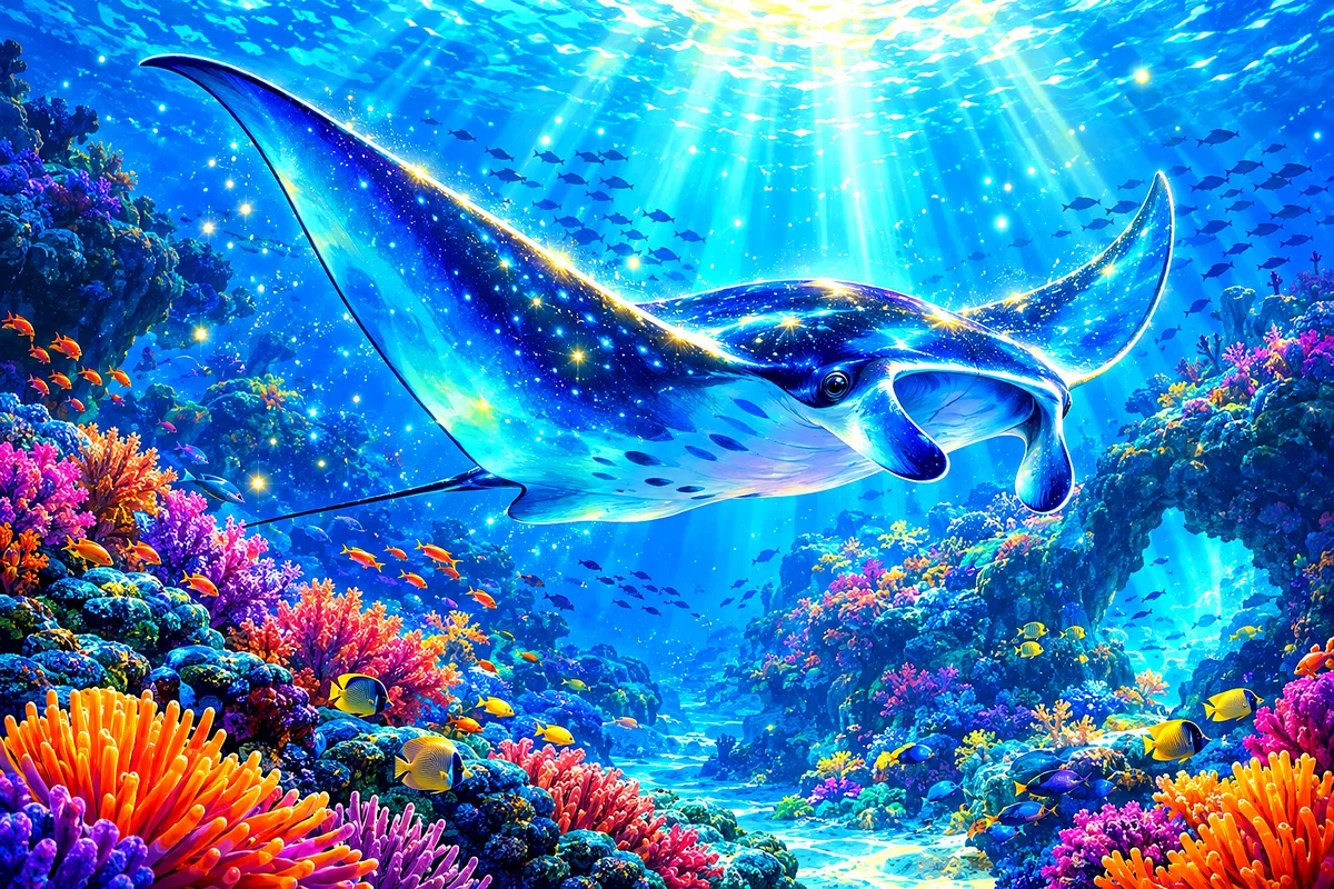 Dreamy fantasy illustration of a large manta ray with glowing light and magical sparkles, gliding through blue water in a wide landscape composition.