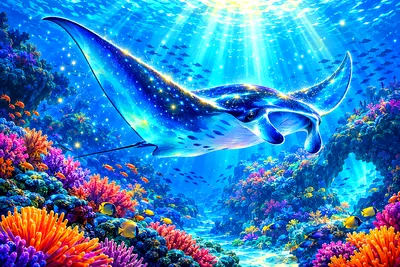 Dreamy fantasy illustration of a large manta ray with glowing light and magical sparkles, gliding through blue water in a wide landscape composition.