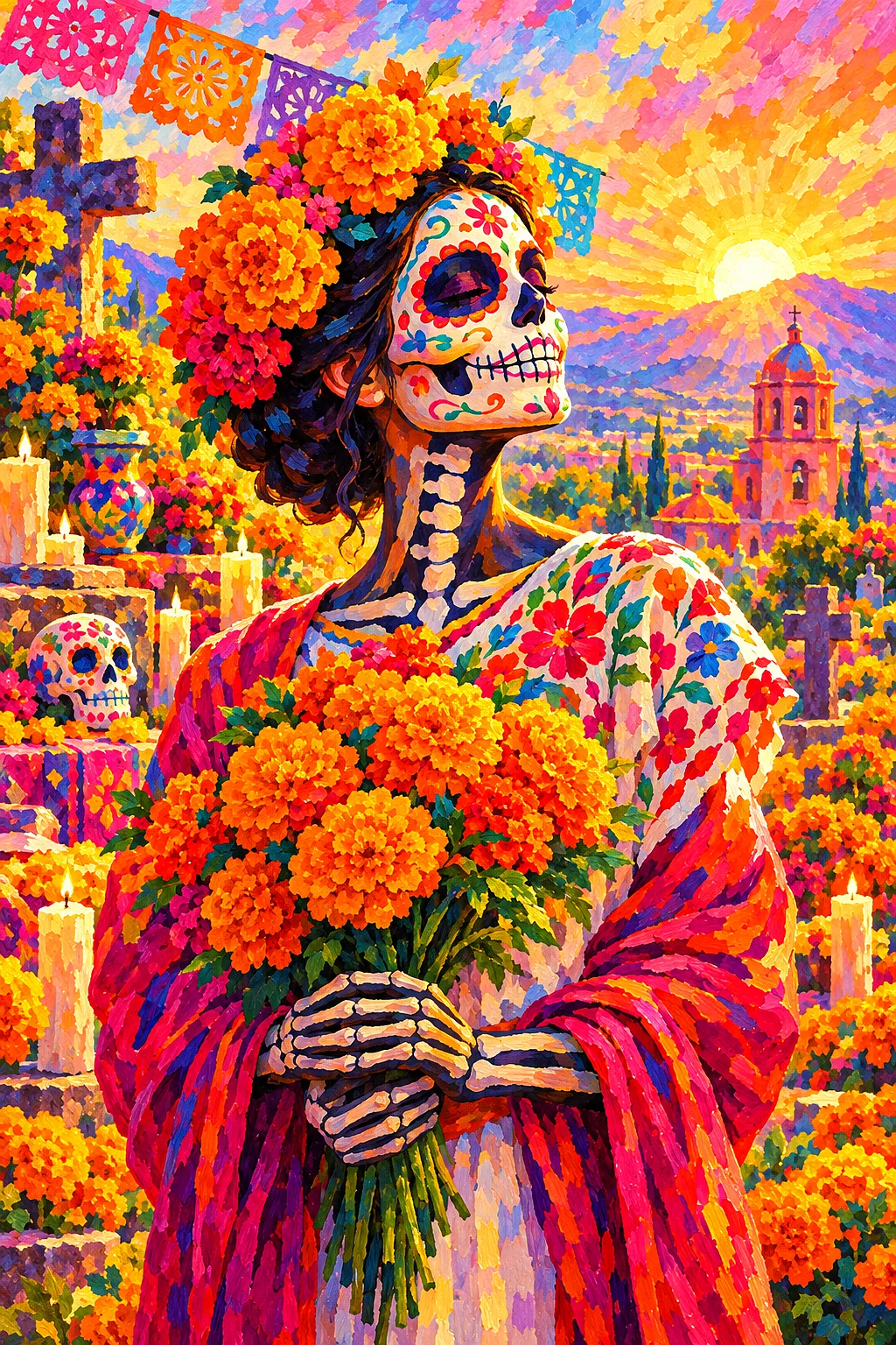 Impressionistic diamond painting depicting a Day of the Dead celebration with marigolds in a cheerful pink, orange, and gold sunrise palette, portrait