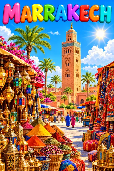 Portrait diamond painting of a vibrant, sunny Moroccan market square with a tall sandstone minaret, brass lanterns, spice pyramids, and colorful carpe