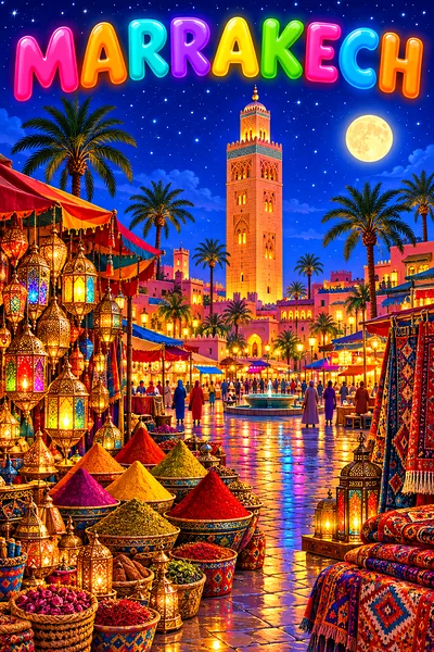 Whimsical illustration of a Moroccan market square at night with glowing lanterns, spice pyramids, carpets, a tall minaret, starry sky, glowing moon,