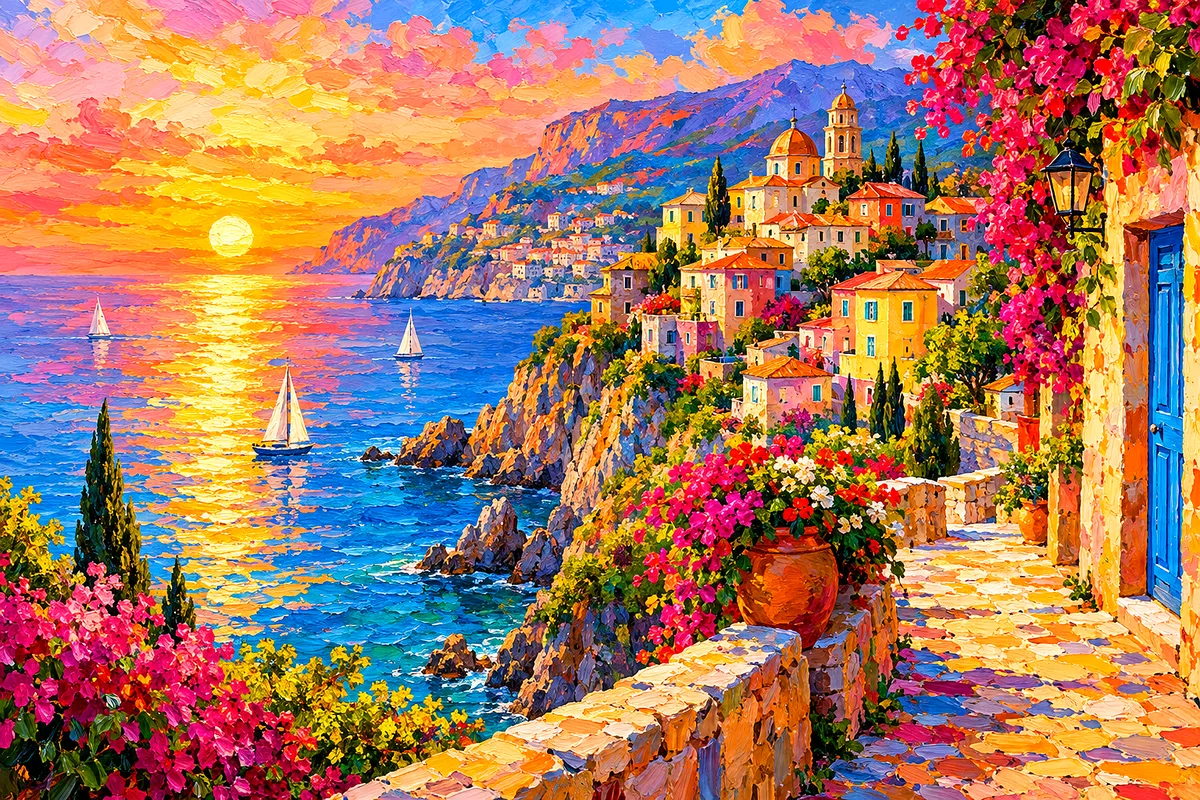 Landscape diamond painting depicting a colorful Mediterranean cliffside village at sunrise with pink, orange, and gold hues, rendered in a rich impast