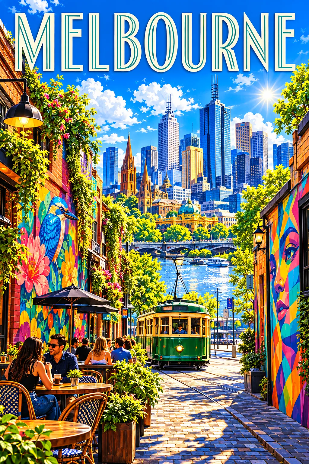 A portrait diamond painting depicting a bright, sunlit Melbourne laneway with colorful murals, cafes, a green heritage tram, and a river city skyline