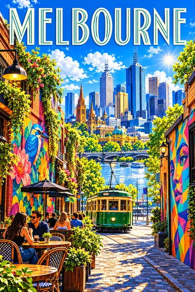 A portrait diamond painting depicting a bright, sunlit Melbourne laneway with colorful murals, cafes, a green heritage tram, and a river city skyline
