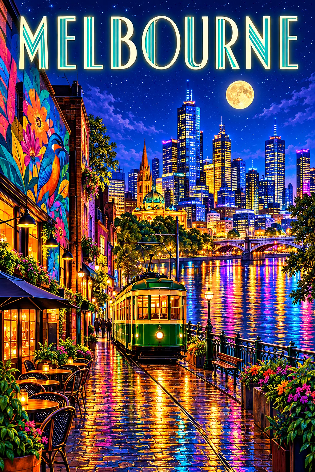 Portrait diamond painting kit showing a polished digital painting of an Australian city laneway at night with cafes, murals, a green tram, a glowing r