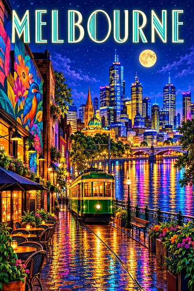Portrait diamond painting kit showing a polished digital painting of an Australian city laneway at night with cafes, murals, a green tram, a glowing r