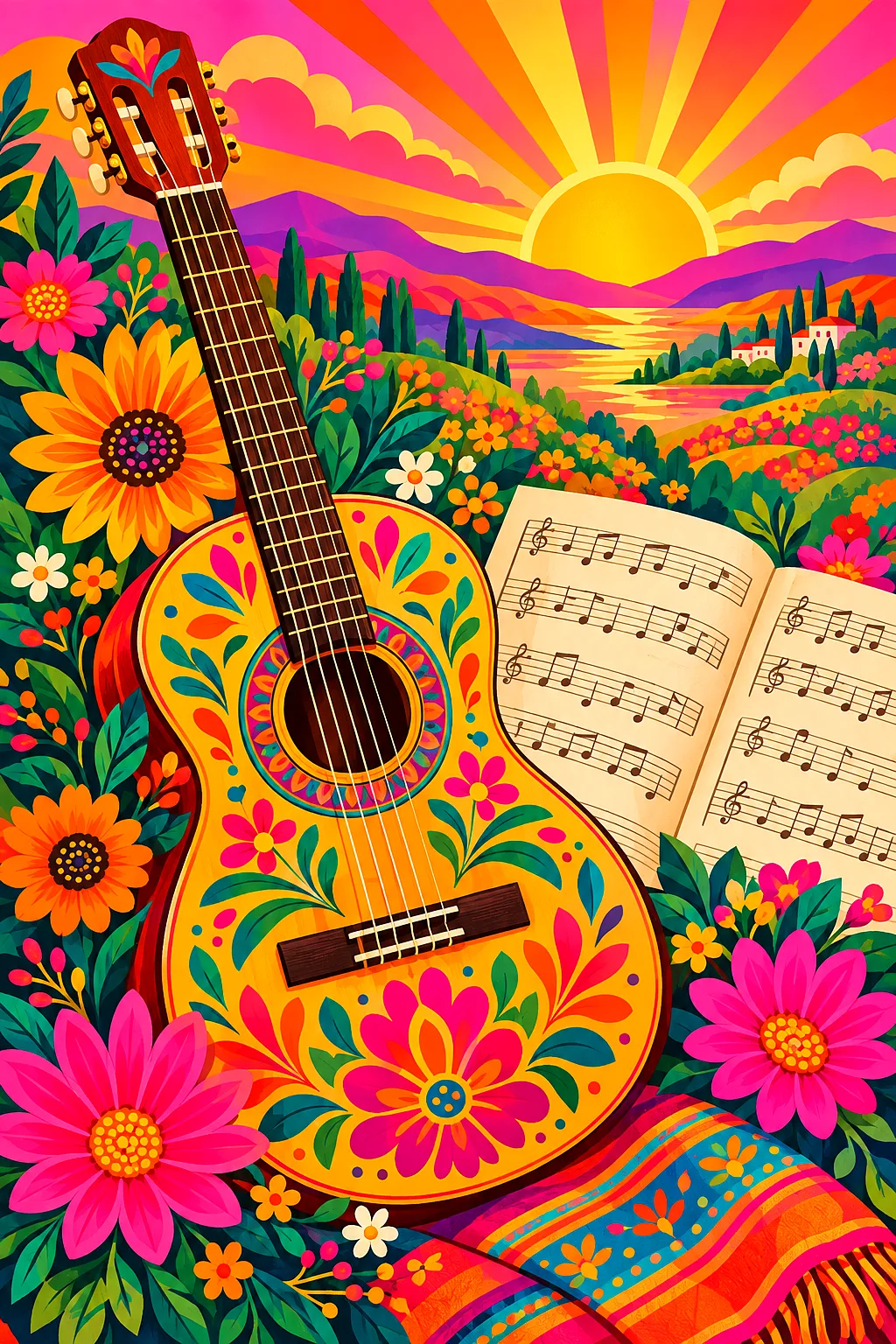 Portrait diamond painting kit canvas showing a folk art illustration of an acoustic guitar leaning against sheet music with large decorative pink, ora