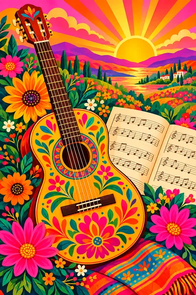 Portrait diamond painting kit canvas showing a folk art illustration of an acoustic guitar leaning against sheet music with large decorative pink, ora