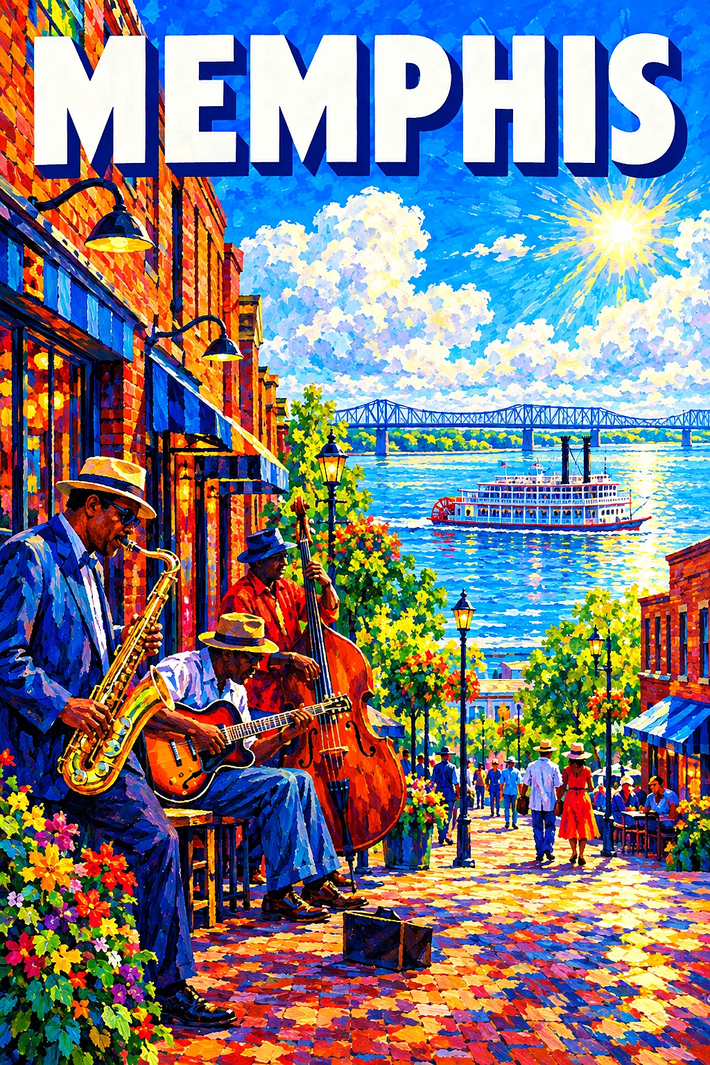 Impressionist diamond painting depicting a sunny brick street with blues clubs, saxophones, and guitars, leading to a wide river with a riverboat unde