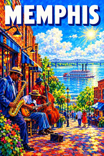 Impressionist diamond painting depicting a sunny brick street with blues clubs, saxophones, and guitars, leading to a wide river with a riverboat unde