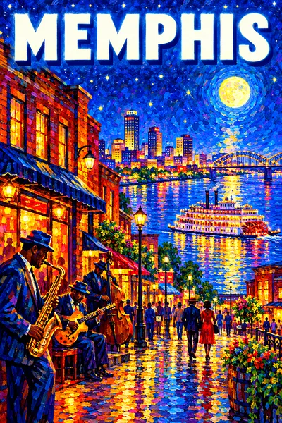 Portrait diamond painting of a blues street at night, with brick clubs, glowing windows, saxophones, guitars, a riverboat on a wide river under a star