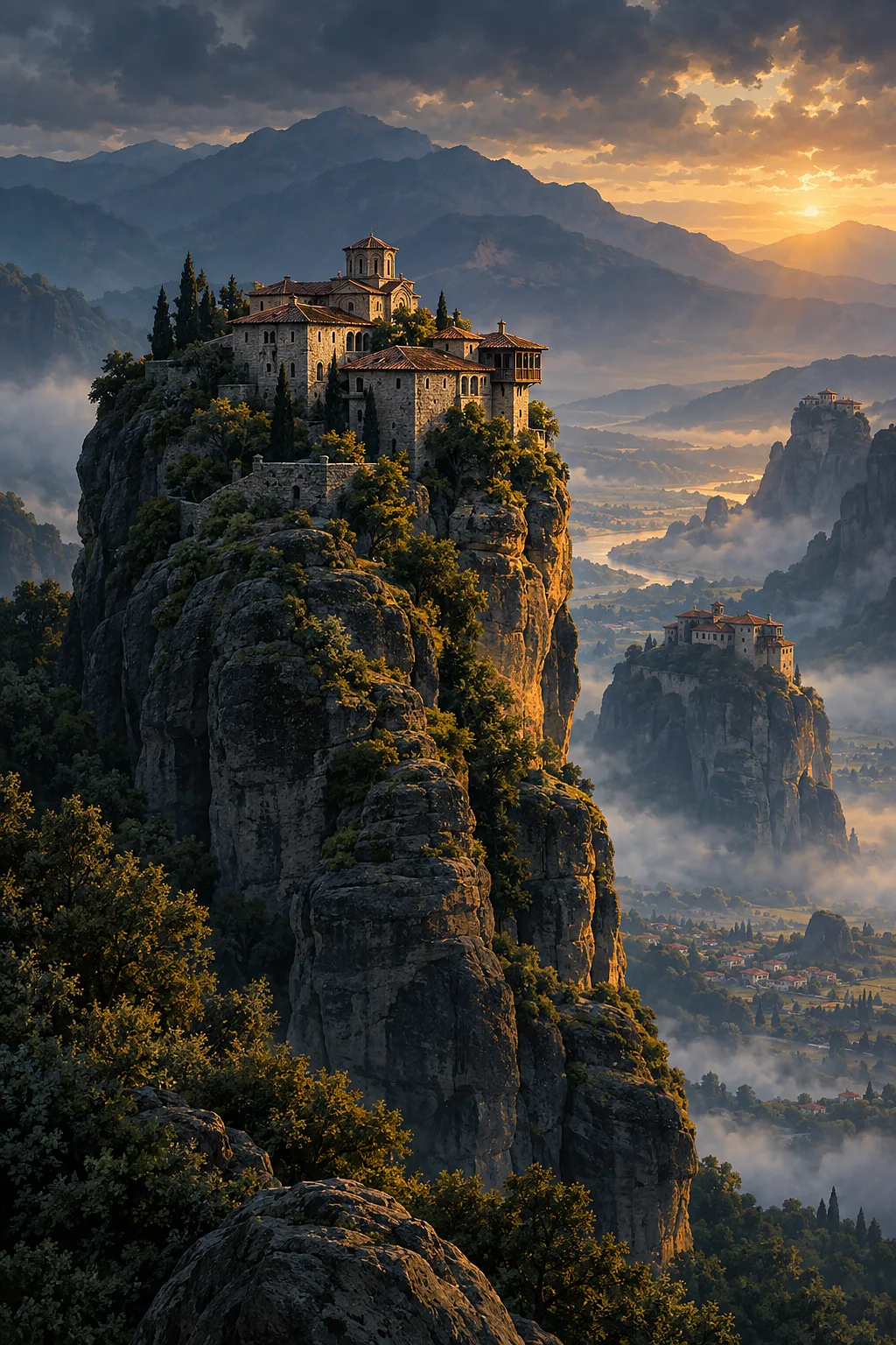 Dramatic portrait view of ancient monasteries perched impossibly high on dark, craggy cliffs, illuminated by soft amber light against a deep blue and