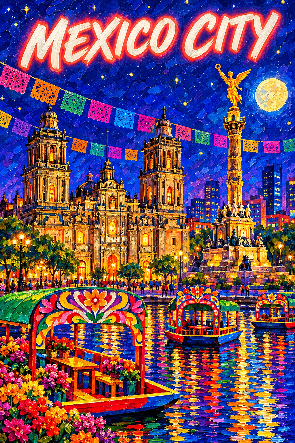 Portrait diamond painting of a vibrant Mexico City by night with a cathedral, angel column, papel picado, trajineras, glowing moon, city lights, and r
