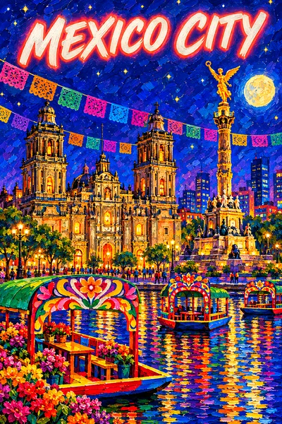 Portrait diamond painting of a vibrant Mexico City by night with a cathedral, angel column, papel picado, trajineras, glowing moon, city lights, and r