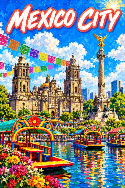 Mexico City by day diamond painting kit, showing a grand plaza, baroque cathedral, papel picado, a golden winged angel column, and colorful trajineras
