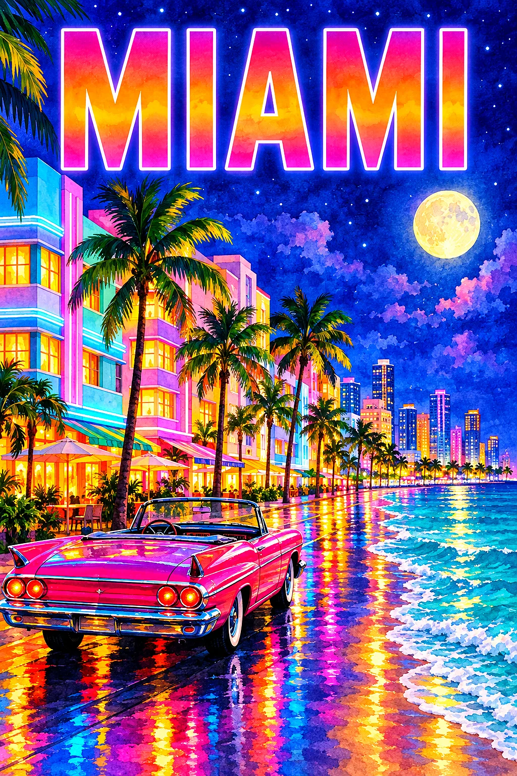Portrait diamond painting kit depicting a luminous watercolor Miami by Night scene with glowing art deco hotels, palm trees, turquoise ocean, classic
