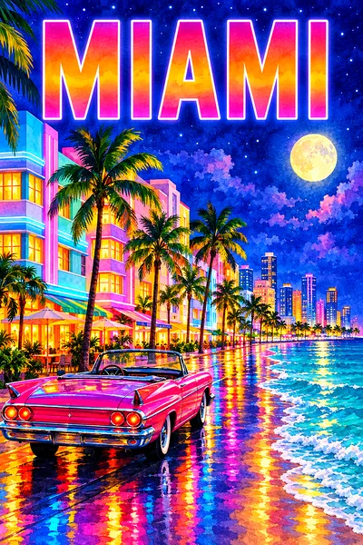 Portrait diamond painting kit depicting a luminous watercolor Miami by Night scene with glowing art deco hotels, palm trees, turquoise ocean, classic