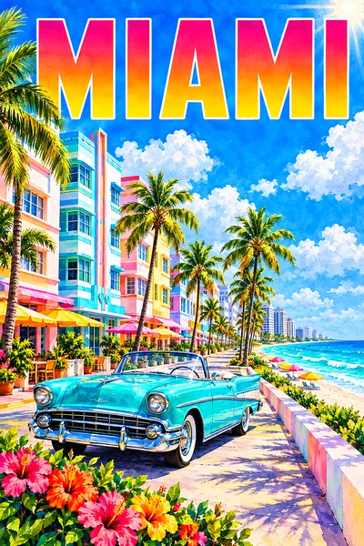Portrait diamond painting of pastel art deco hotels on Miami's ocean drive with palm trees, turquoise ocean, a classic convertible, blue sky, and whit