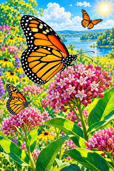 Whimsical storybook illustration of several orange and black monarch butterflies with white spots on their wings, flying among green milkweed plants w