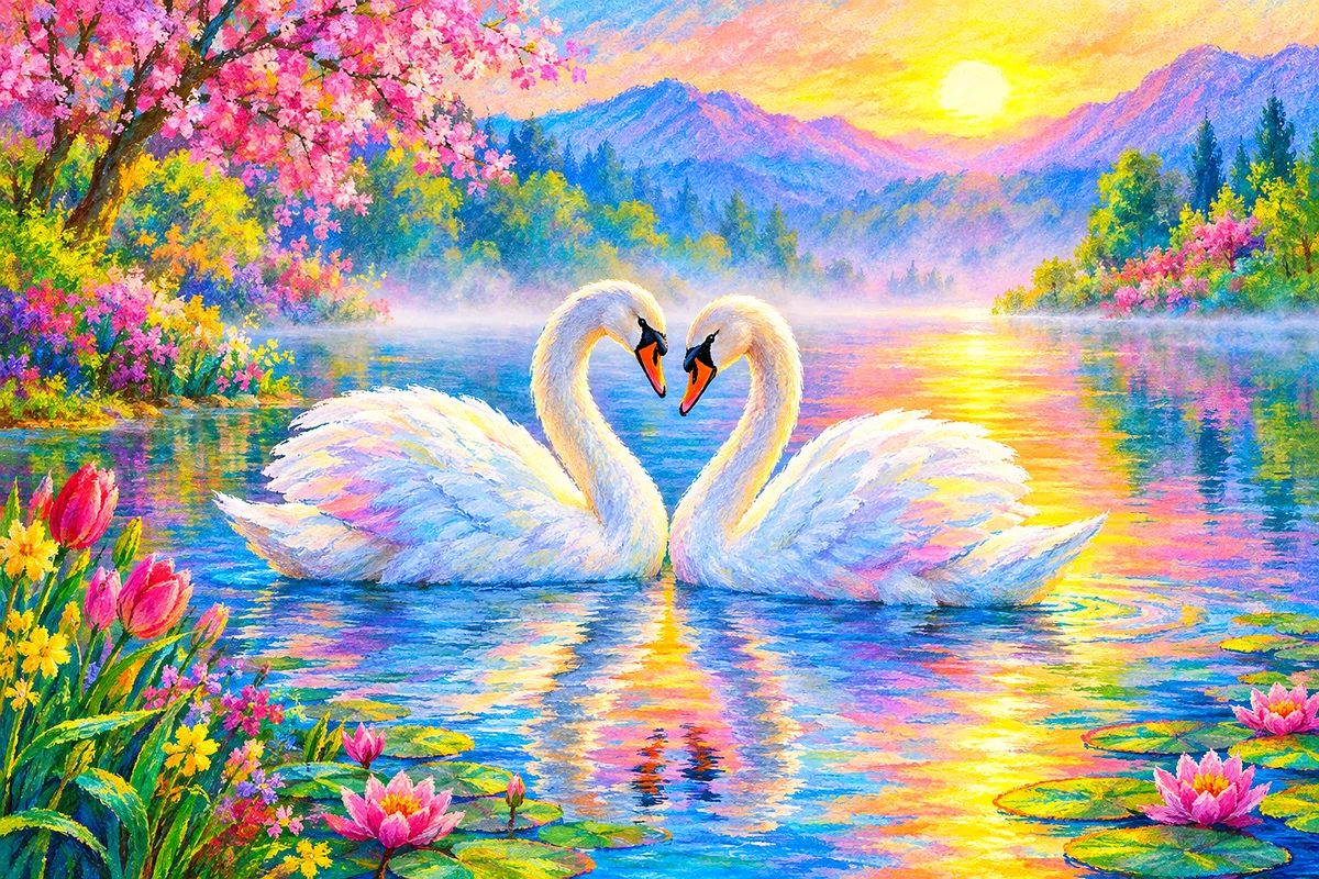 Two elegant white swans on a misty blue lake, surrounded by soft pastel green and pink foliage, rendered in a vibrant chalk art style.