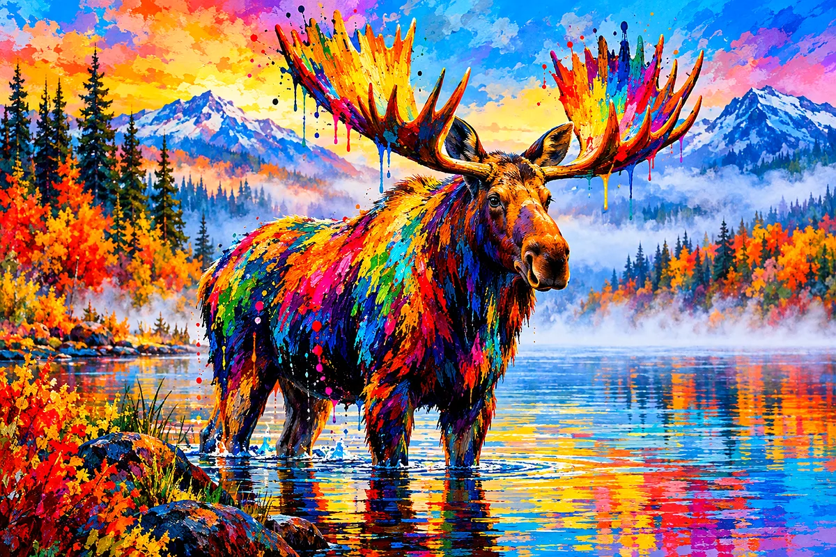 Landscape diamond painting kit featuring a majestic moose in a misty northern lake, rendered in a high-energy acrylic style with rainbow paint splashe