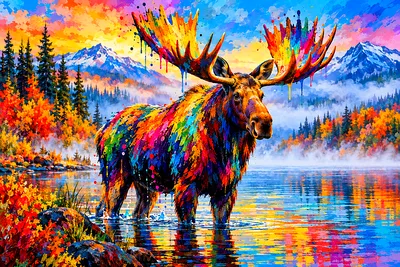 Landscape diamond painting kit featuring a majestic moose in a misty northern lake, rendered in a high-energy acrylic style with rainbow paint splashe