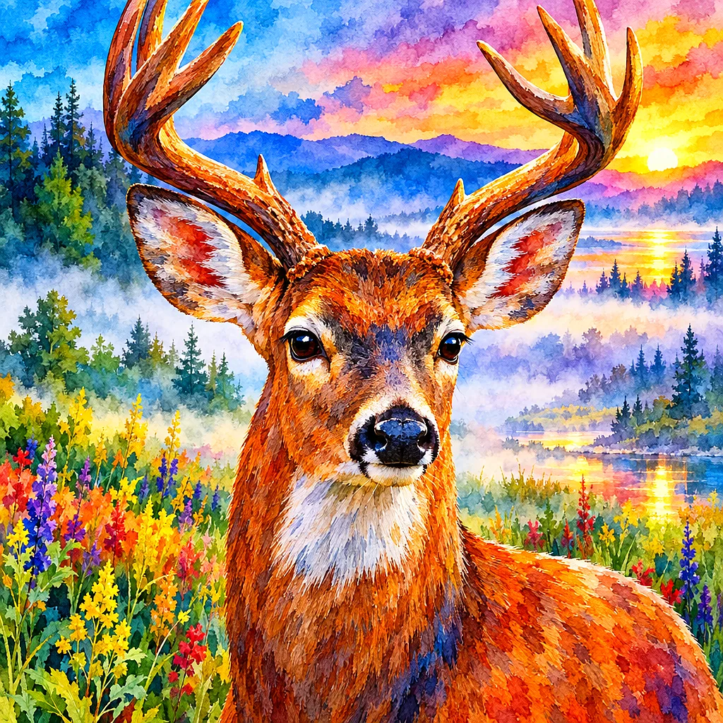 Close-up portrait of a deer with antlers emerging from a luminous, misty meadow, painted in a watercolor style with vibrant colors and crisp edges, on