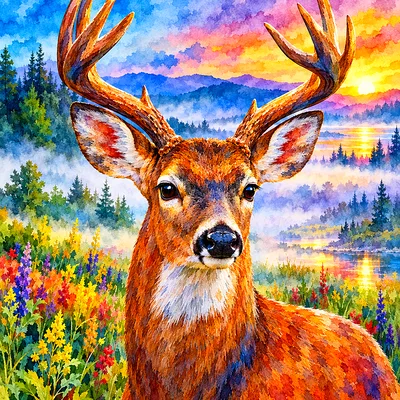 Close-up portrait of a deer with antlers emerging from a luminous, misty meadow, painted in a watercolor style with vibrant colors and crisp edges, on