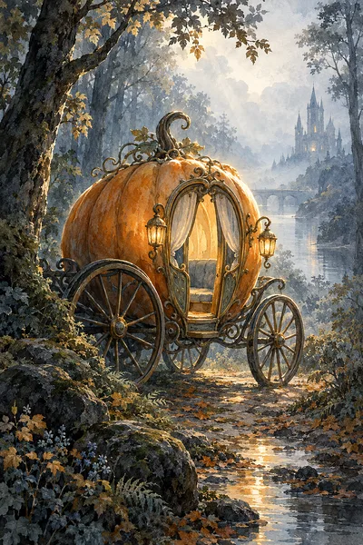 Portrait diamond painting kit canvas showing a pumpkin carriage with dramatic rim lighting in a misty forest, rendered in muted slate blue, gray, and