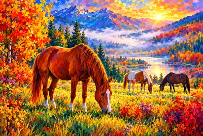 Impressionistic diamond painting depicting horses grazing in a misty, autumn-colored valley with dappled light.