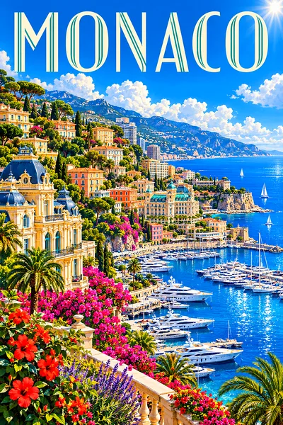 A bright and luminous diamond painting of Monaco, featuring belle epoque villas on a hillside above a yacht harbor under a blue sky.