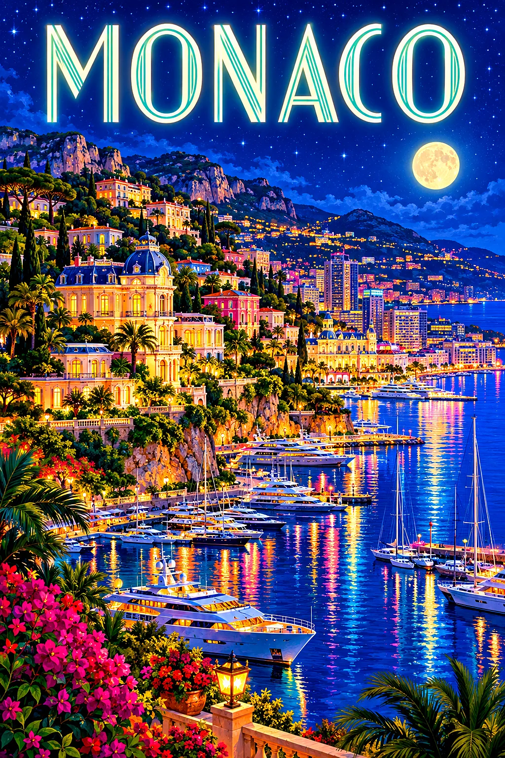 Portrait diamond painting of Monaco by night, showing illuminated villas, a glowing yacht harbor, and colorful city lights under a starry sky.