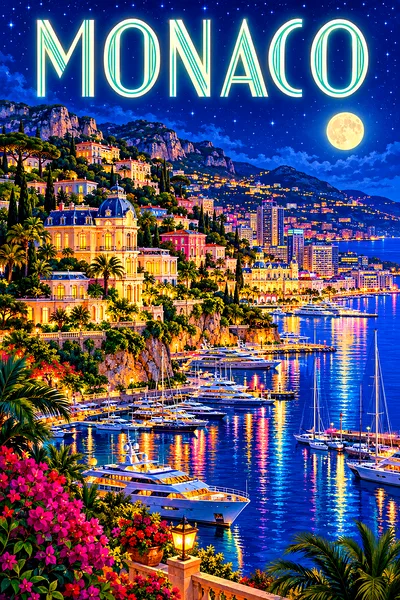 Portrait diamond painting of Monaco by night, showing illuminated villas, a glowing yacht harbor, and colorful city lights under a starry sky.