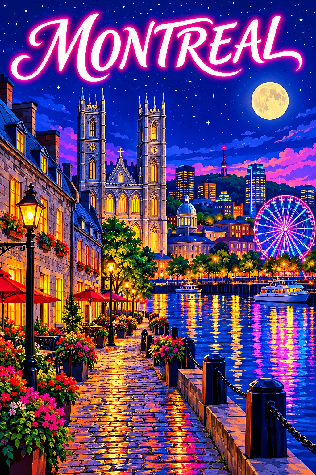 Retro vintage illustration diamond painting kit showing Montreal's old port at night, with a twin-towered basilica, Ferris wheel, glowing windows, col