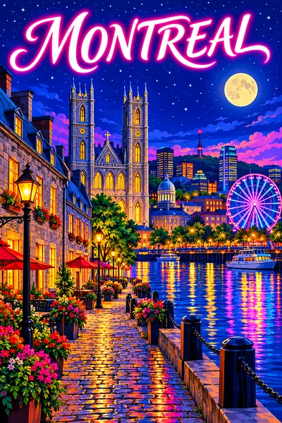Retro vintage illustration diamond painting kit showing Montreal's old port at night, with a twin-towered basilica, Ferris wheel, glowing windows, col