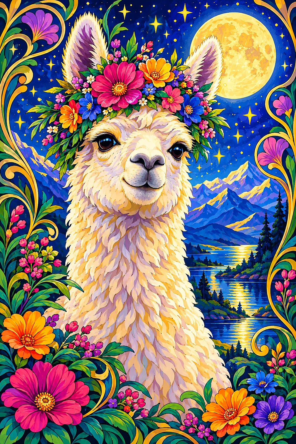 Portrait diamond painting kit featuring an art nouveau style illustration of an alpaca wearing a flower crown under a moonlit, starry sky with rich je