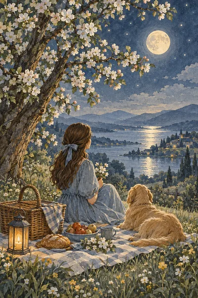 Delicate ink and watercolor wash diamond painting of a spring picnic under a blossoming apple tree, glowing softly under moonlight and stars, rendered