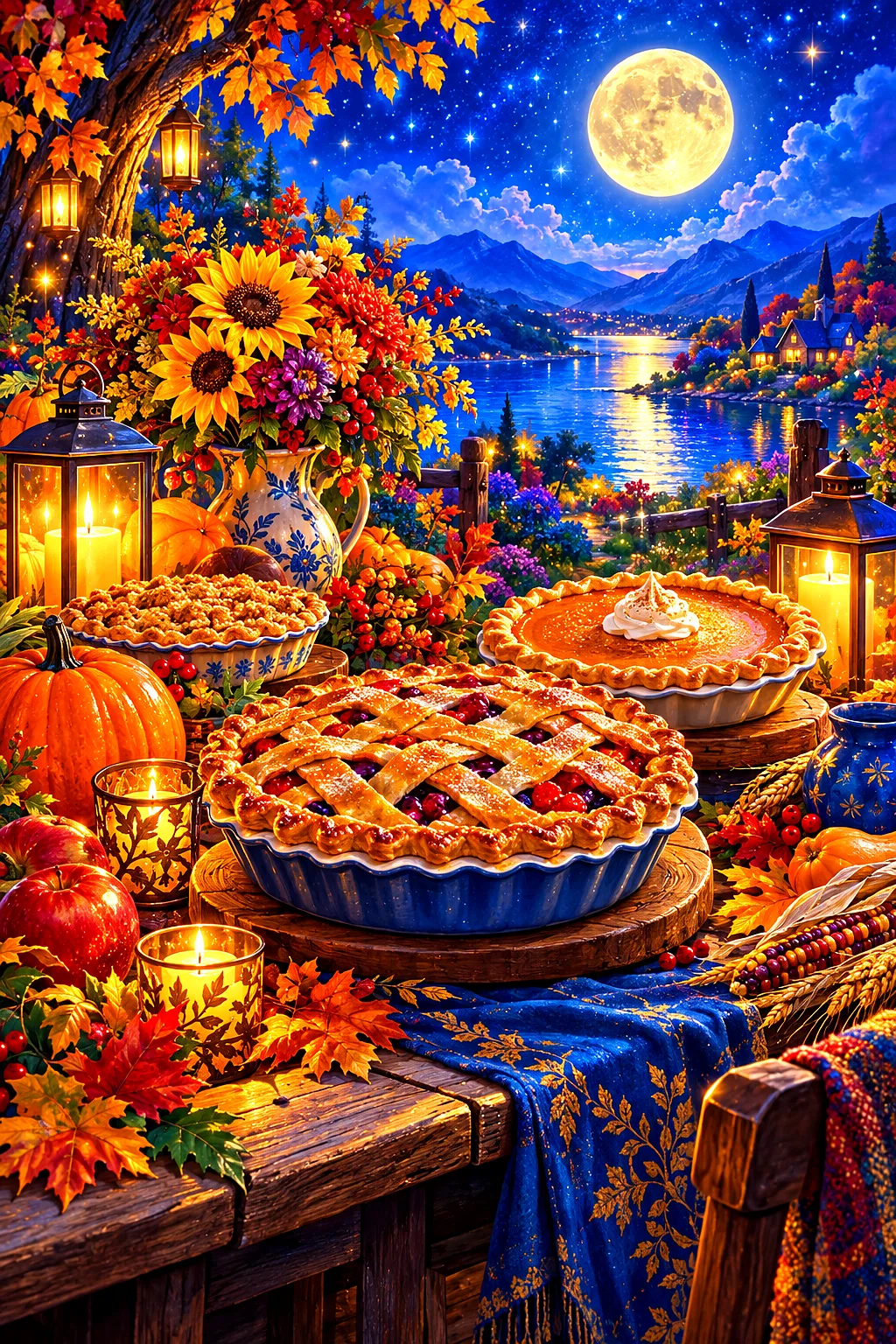 A portrait-oriented diamond painting canvas showing a harvest table laden with pies and candles, glowing under moonlight with magical sparkles and sta