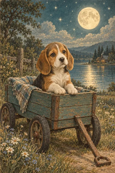 Portrait diamond painting of a beagle puppy in a vintage wagon under a moonlit and starry sky, in sepia, cream, and faded teal tones.
