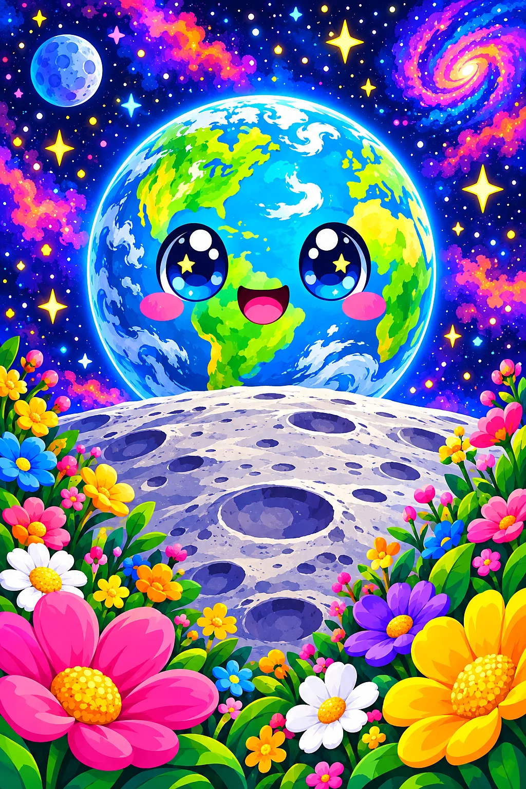 An adorable kawaii cartoon illustration of an earthrise over the moon with big sparkling eyes, rounded shapes, and candy colors, surrounded by colorfu
