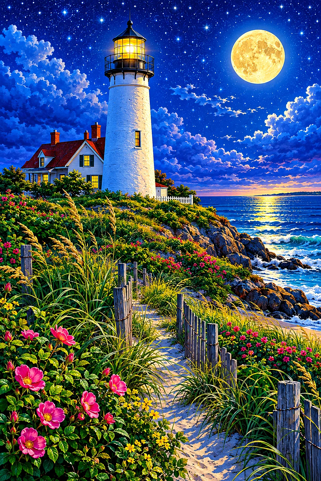 Portrait diamond painting of a lighthouse on a Cape Cod dune under a full moon and stars, rendered in a lush botanical illustration style with fine de