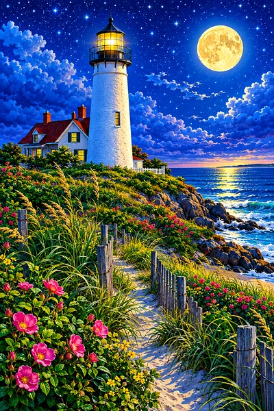 Portrait diamond painting of a lighthouse on a Cape Cod dune under a full moon and stars, rendered in a lush botanical illustration style with fine de