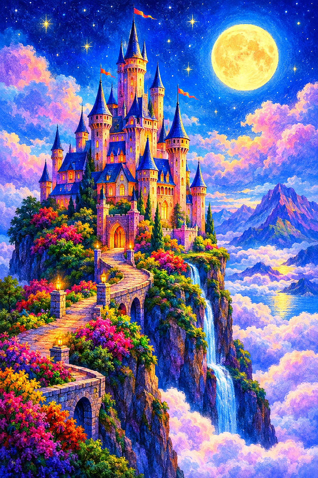 A fantastical castle on a cliff, glowing under a bright moon and stars, with clouds below, in a vibrant soft pastel art style.