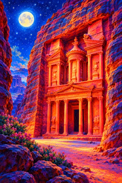 Portrait-oriented diamond painting kit design depicting a rose-red treasury carved into cliffs, glowing under a full moon and stars, rendered in a vib