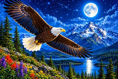 A completed landscape diamond painting depicting a majestic bald eagle soaring over rugged mountains and lush foliage under a glowing full moon and sp