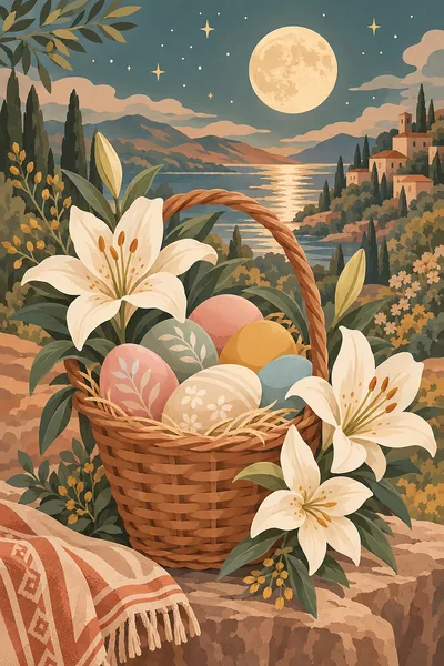 Portrait diamond painting of a basket of pastel eggs and lilies glowing under moonlight and stars, in modern boho illustration style with terracotta,