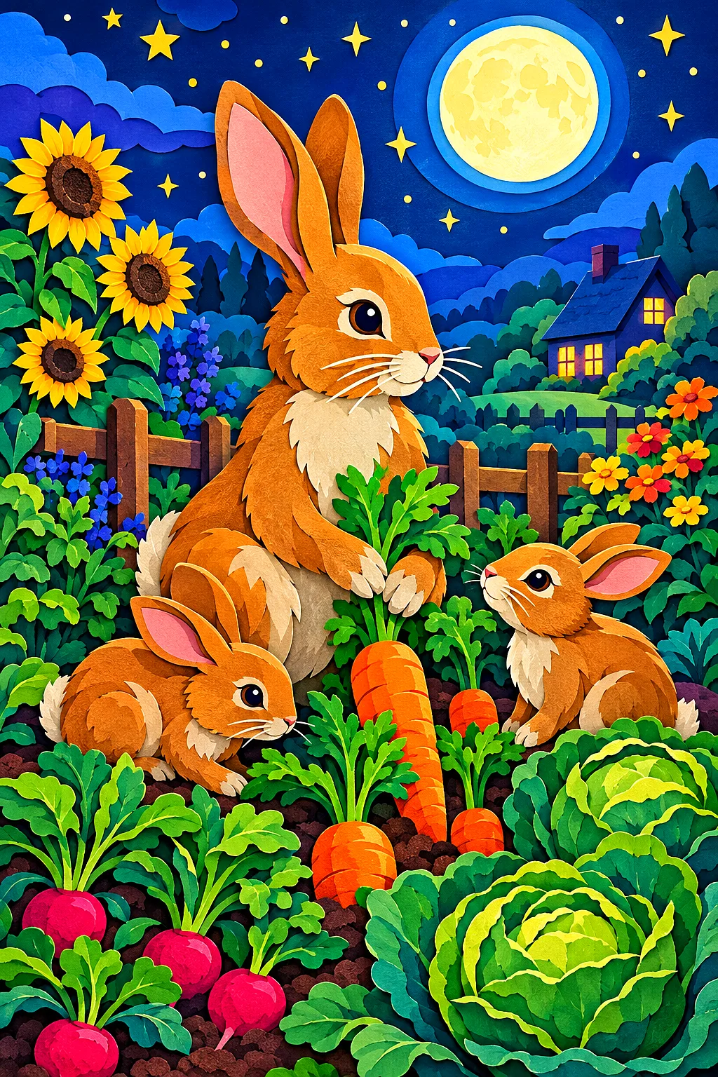 Two cartoon-style bunny rabbits in a vibrant vegetable garden at night, illuminated by a full moon and stars, rendered in a deep, layered papercut art