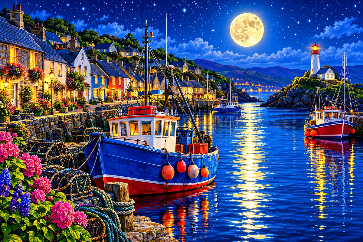 Landscape diamond painting kit featuring a moonlit harbor town with fishing boats, lush botanical details, and twinkling stars.