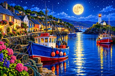 Landscape diamond painting kit featuring a moonlit harbor town with fishing boats, lush botanical details, and twinkling stars.